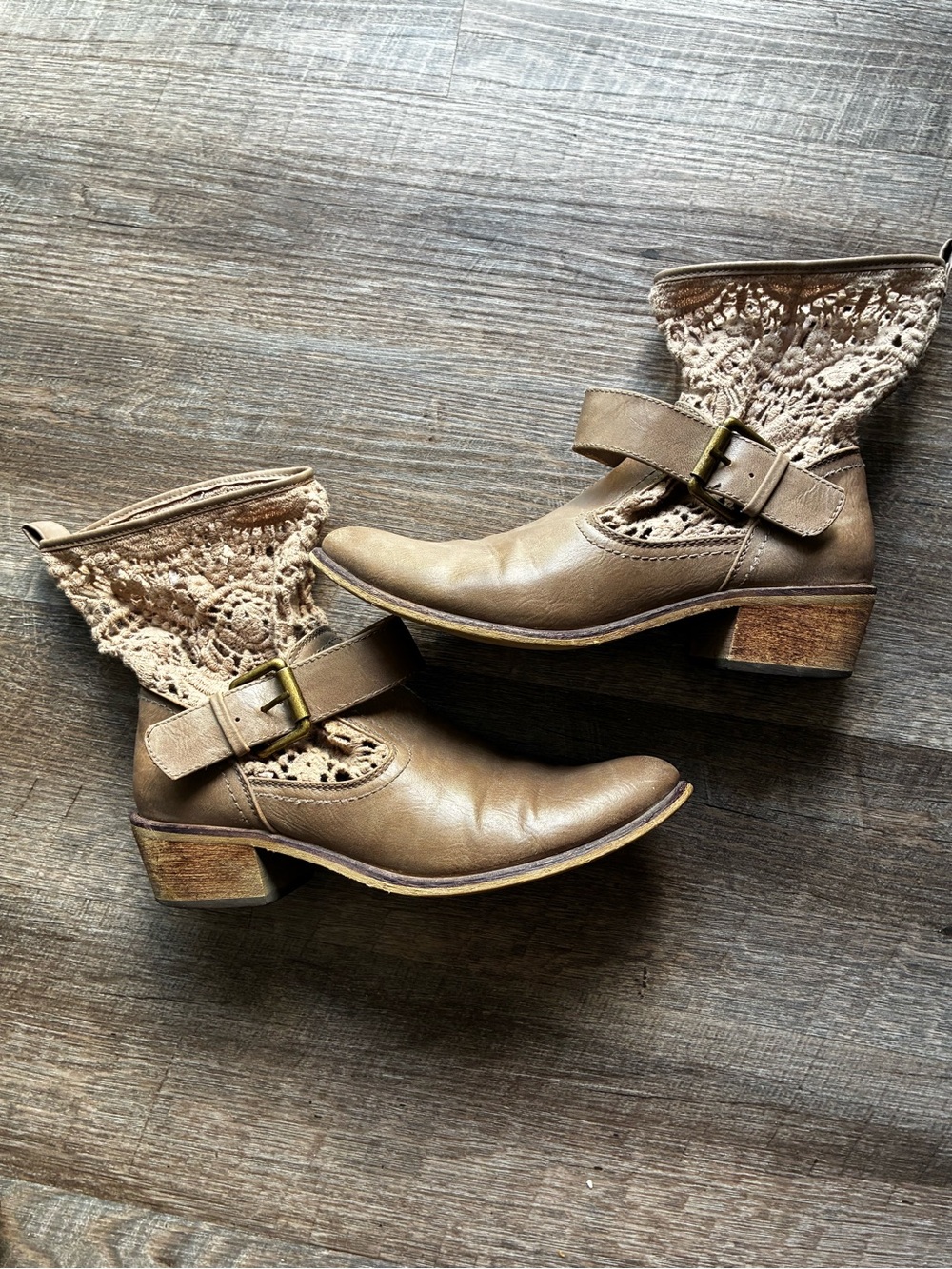 BareTraps Taupe Leather Crochet-Panel Ankle Bootie